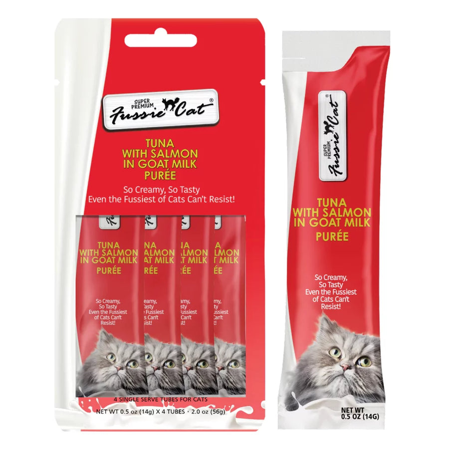 Front Packaging of Fussie Cat Puree Tuna & Salmon in Goat Milk Puree Cat Treat