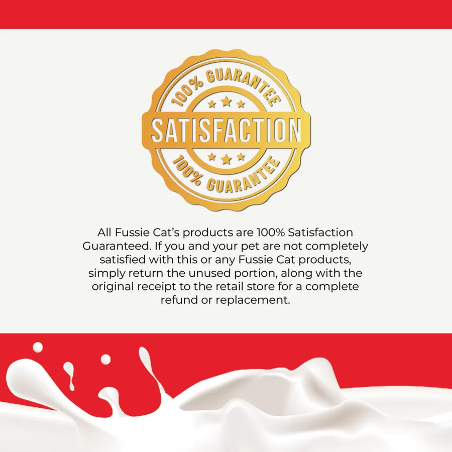 Satisfaction Guarantee for Fussie Cat Puree Tuna & Salmon in Goat Milk Puree Cat Treat