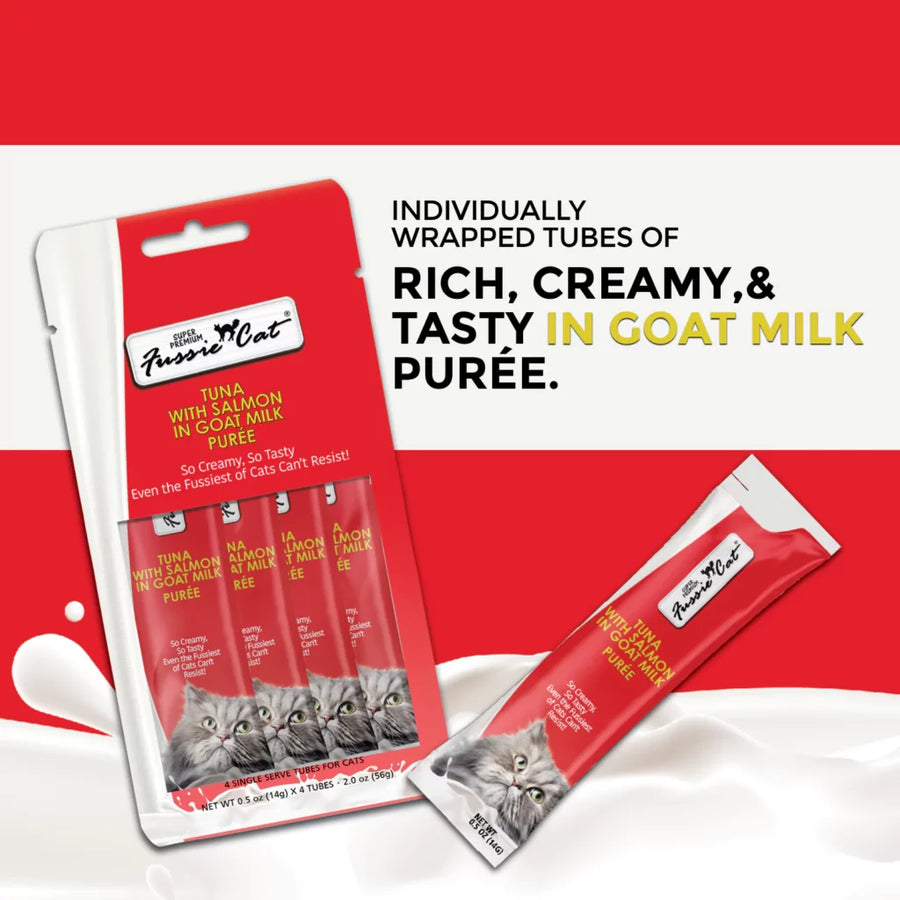 Individually wrapped Fussie Cat tubes of rich, creamy and tasty in goat milk puree