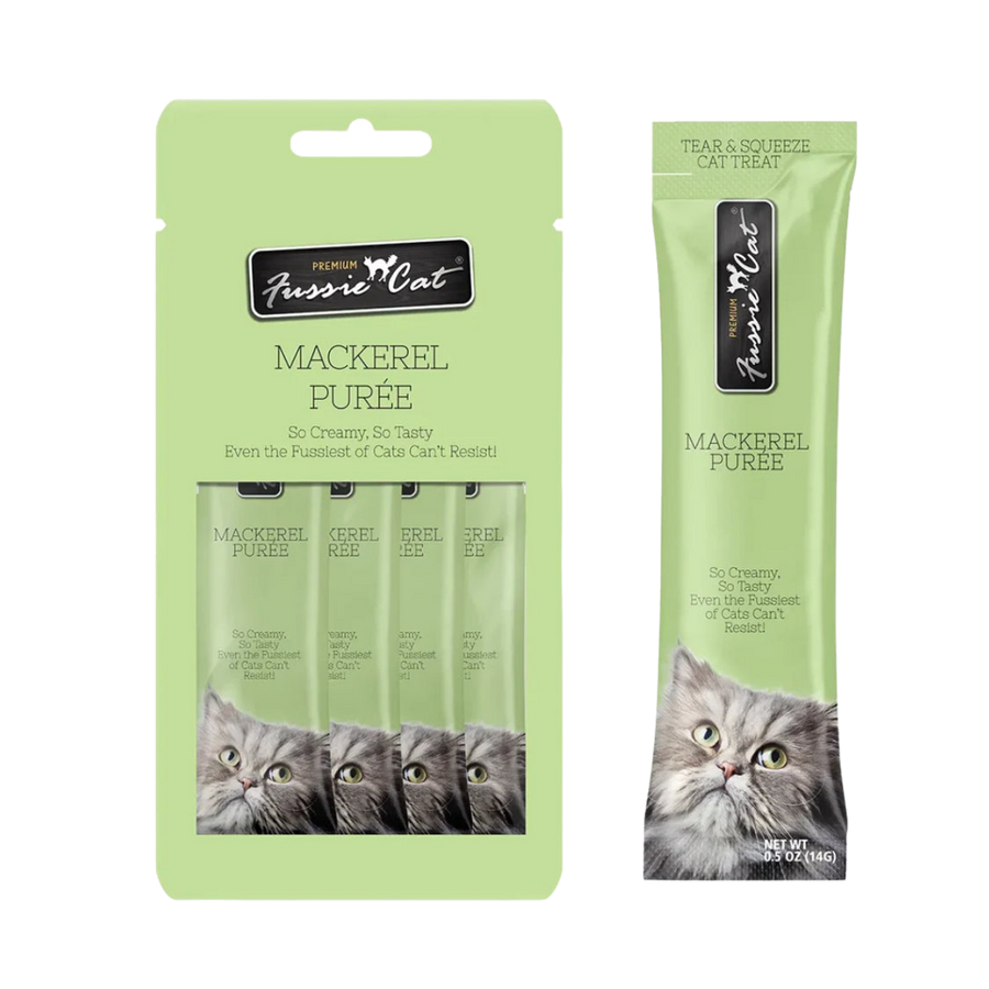Fussie Cat Puree Tuna & Shrimp Cat Treat 2oz Front 0.5oz, Front Packaging