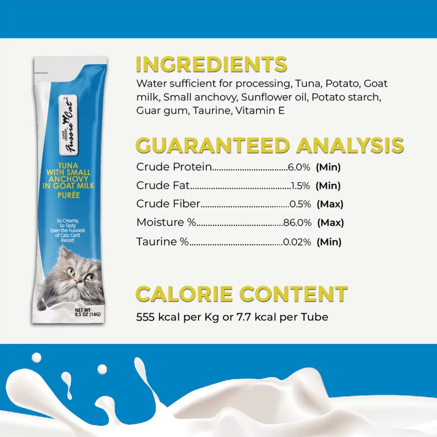 Ingredients,analysis and caloric content of Fussie Cat Puree Tuna with Small Anchovy in Goat Milk Puree Cat Treat