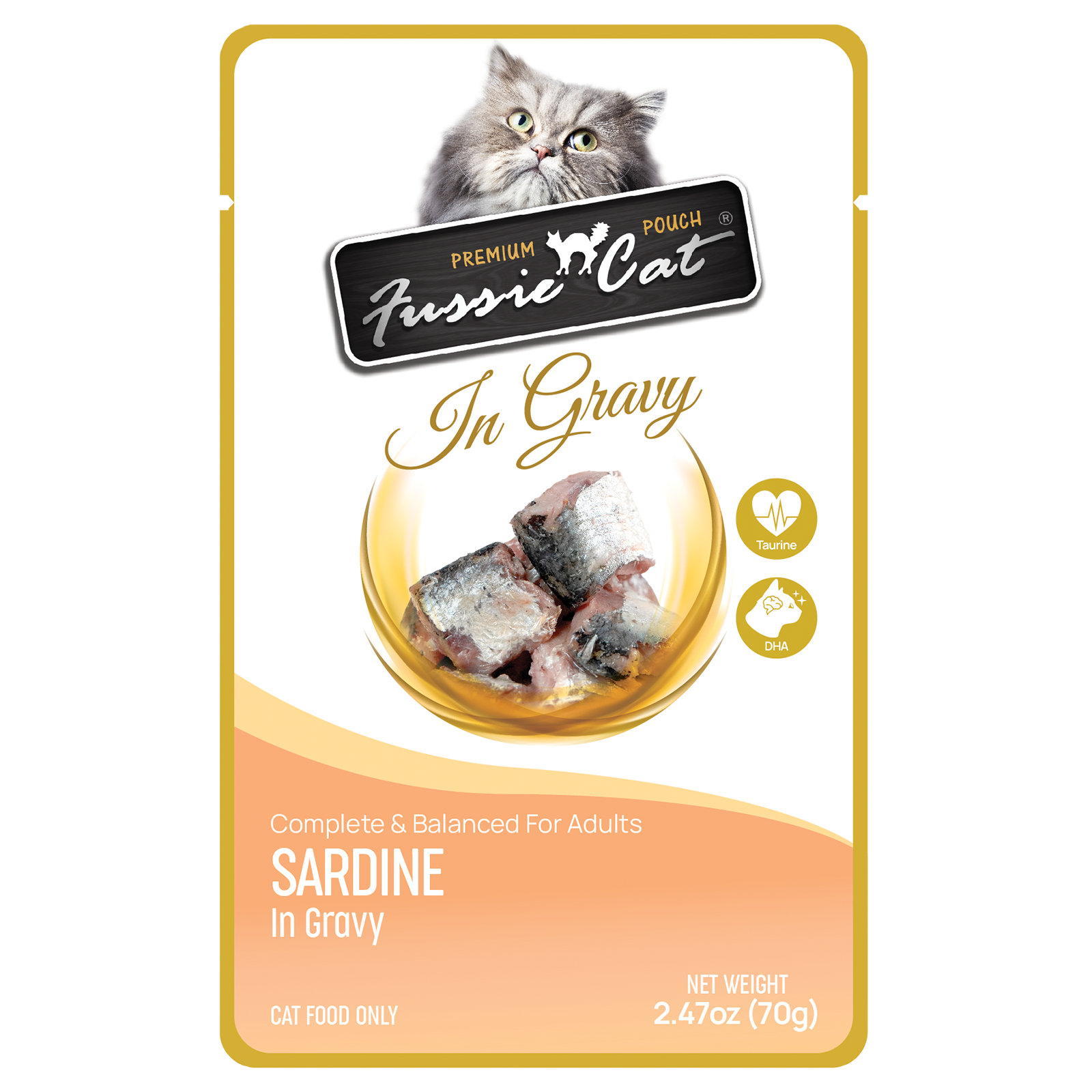 Front pouch of Fussie Cat Sardines in Gravy Cat Food Pouch 2.47oz