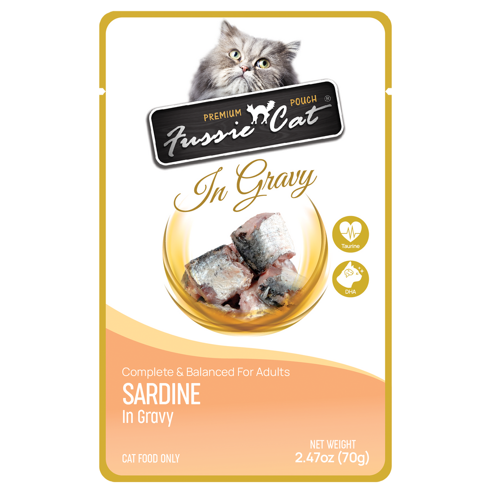 Front pouch of Fussie Cat Sardines in Gravy Cat Food Pouch 2.47oz