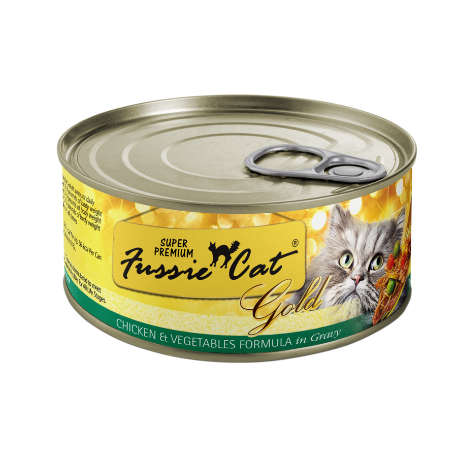 Fussie Cat Super Premium Chicken and Vegetables in Gravy Canned Food front of can.