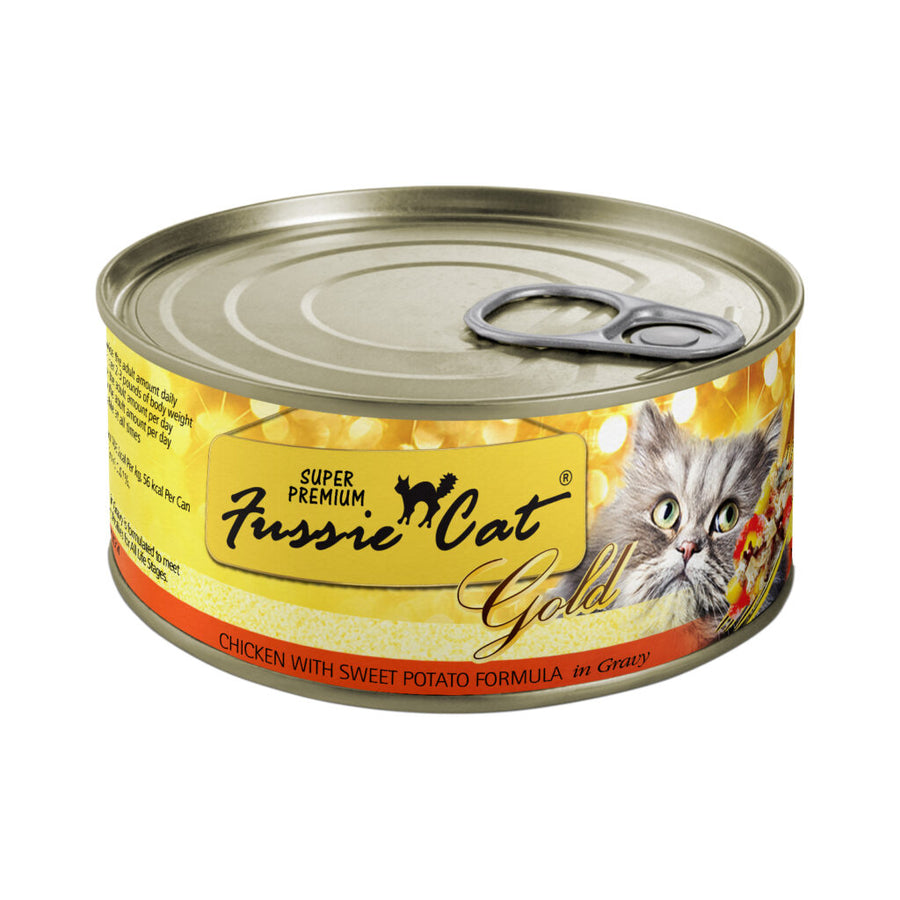 Fussie Cat Super Premium Chicken with Sweet Potato Formula in Gravy Canned Food front of can.