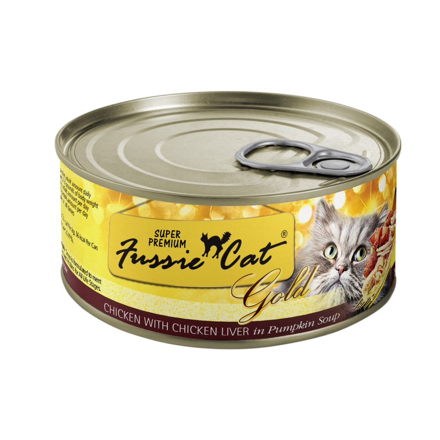 Fussie Cat Super Premium Grain Free Chicken with Chicken Liver in Pumpkin Soup Canned Cat Food front of bag.