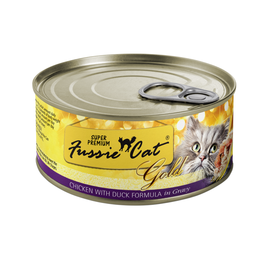 Fussie Cat Super Premium Grain Free Chicken with Duck in Gravy Canned Cat Food front of can.