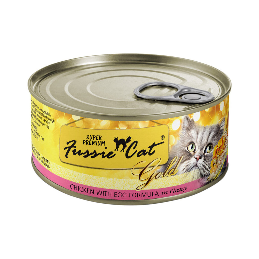 Fussie Cat Super Premium Grain Free Chicken with Egg in Gravy Canned Cat Food front of can.