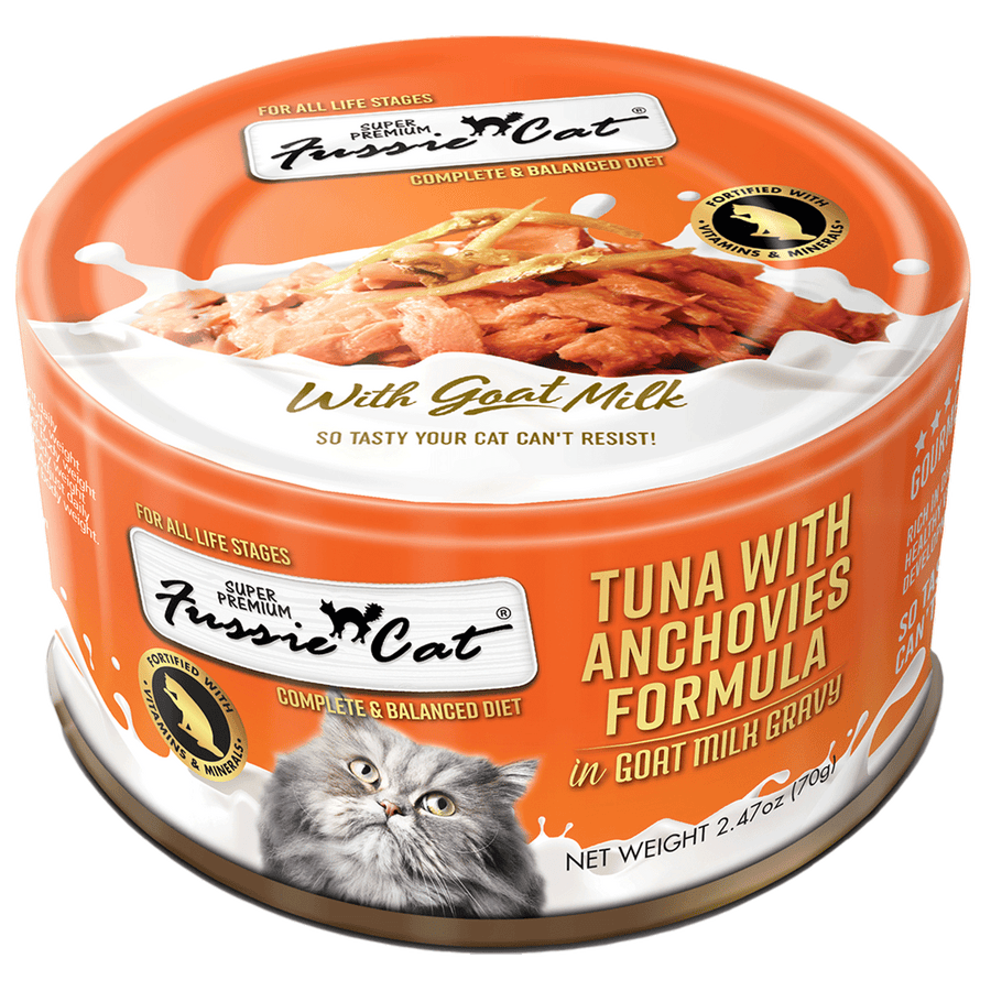 Front can of Fussie Cat Tuna with Anchovies Formula in Goat Milk Gravy Cat Food  2.47oz