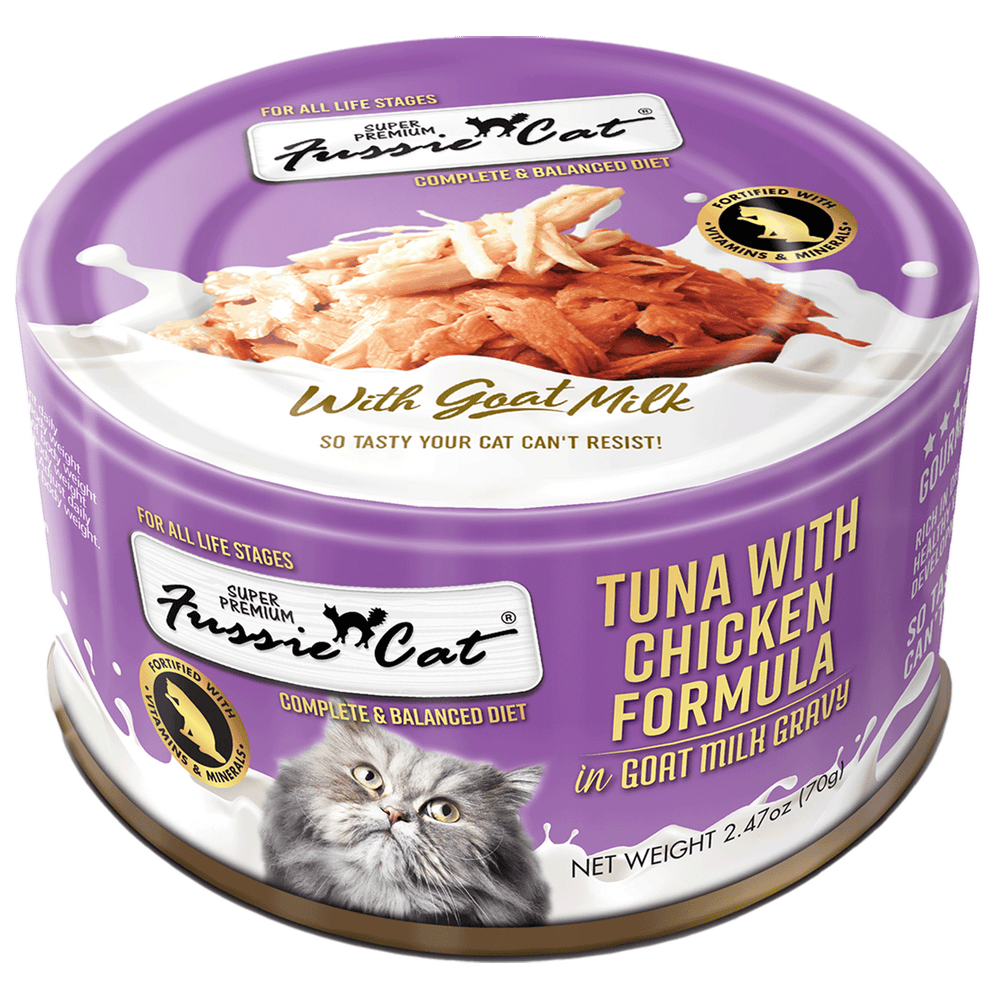 Front can of Fussie Cat Tuna with Chicken Formula in Goat Milk Gravy Cat Food  2.47oz