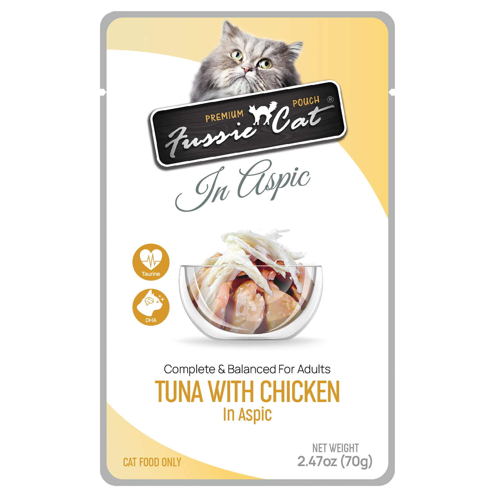 Front pouch of Fussie Cat Tuna with Chicken in Aspic Cat Food Pouch 2.47oz
