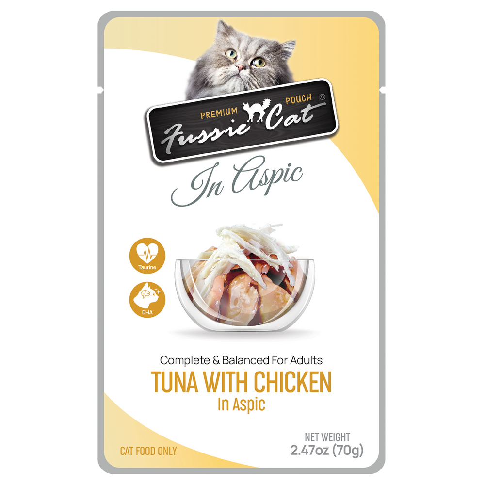 Front pouch of Fussie Cat Tuna with Chicken in Aspic Cat Food Pouch 2.47oz
