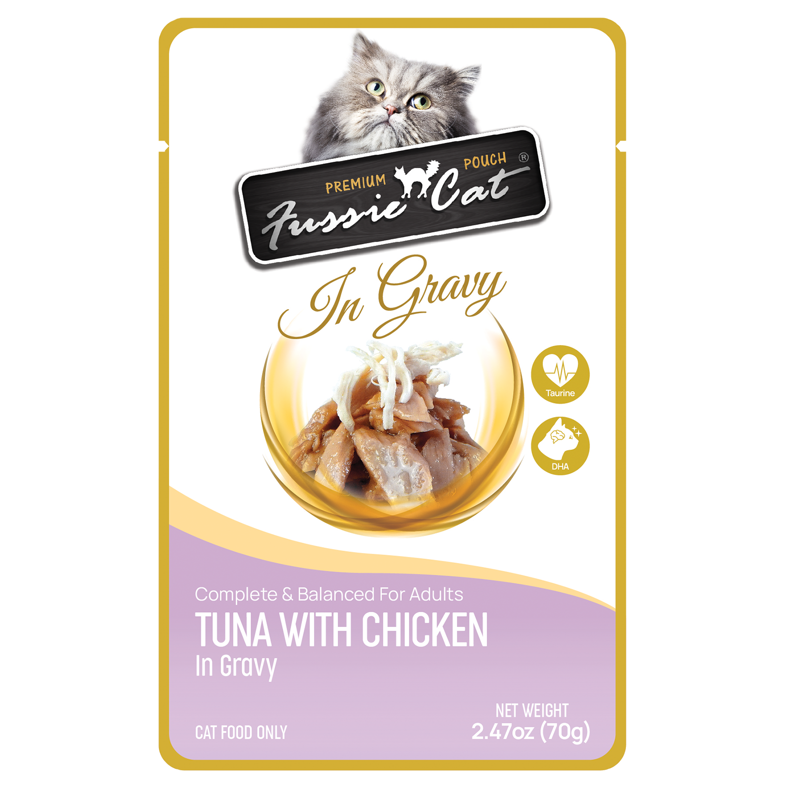 Front pouch of Fussie Cat Tuna with Chicken in Gravy Cat Food Pouch 2.47oz