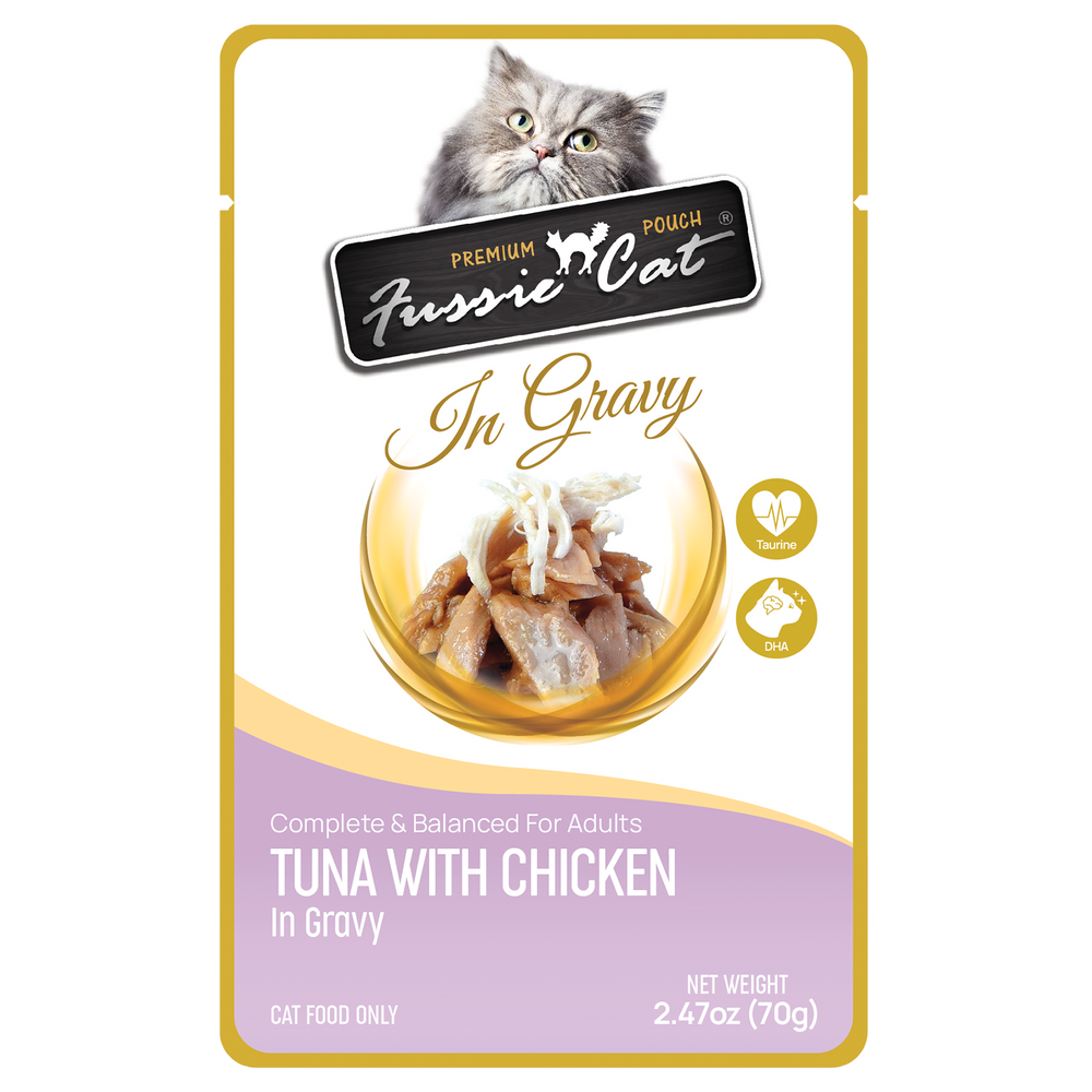 Front pouch of Fussie Cat Tuna with Chicken in Gravy Cat Food Pouch 2.47oz