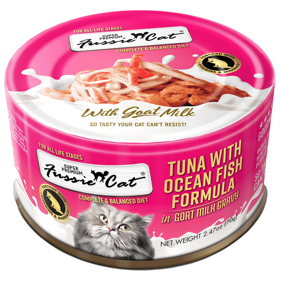 Front can of Fussie Cat Tuna with Ocean Fish Formula in Goat Milk Gravy Cat Food 2.47oz