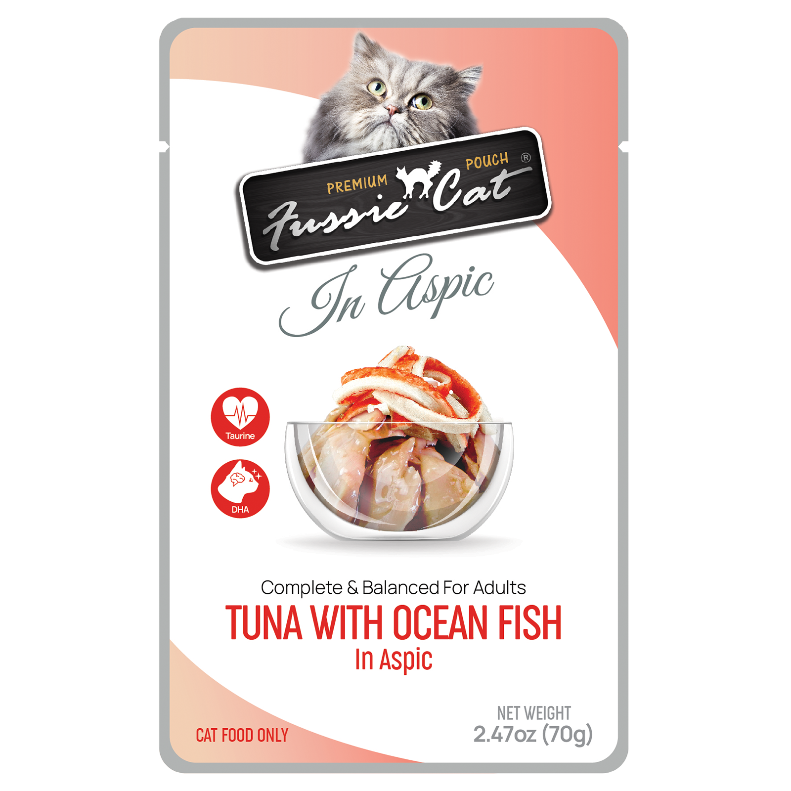 Front pouch of Fussie Cat Tuna with Ocean Fish in Aspic Cat Food Pouch 2.47oz