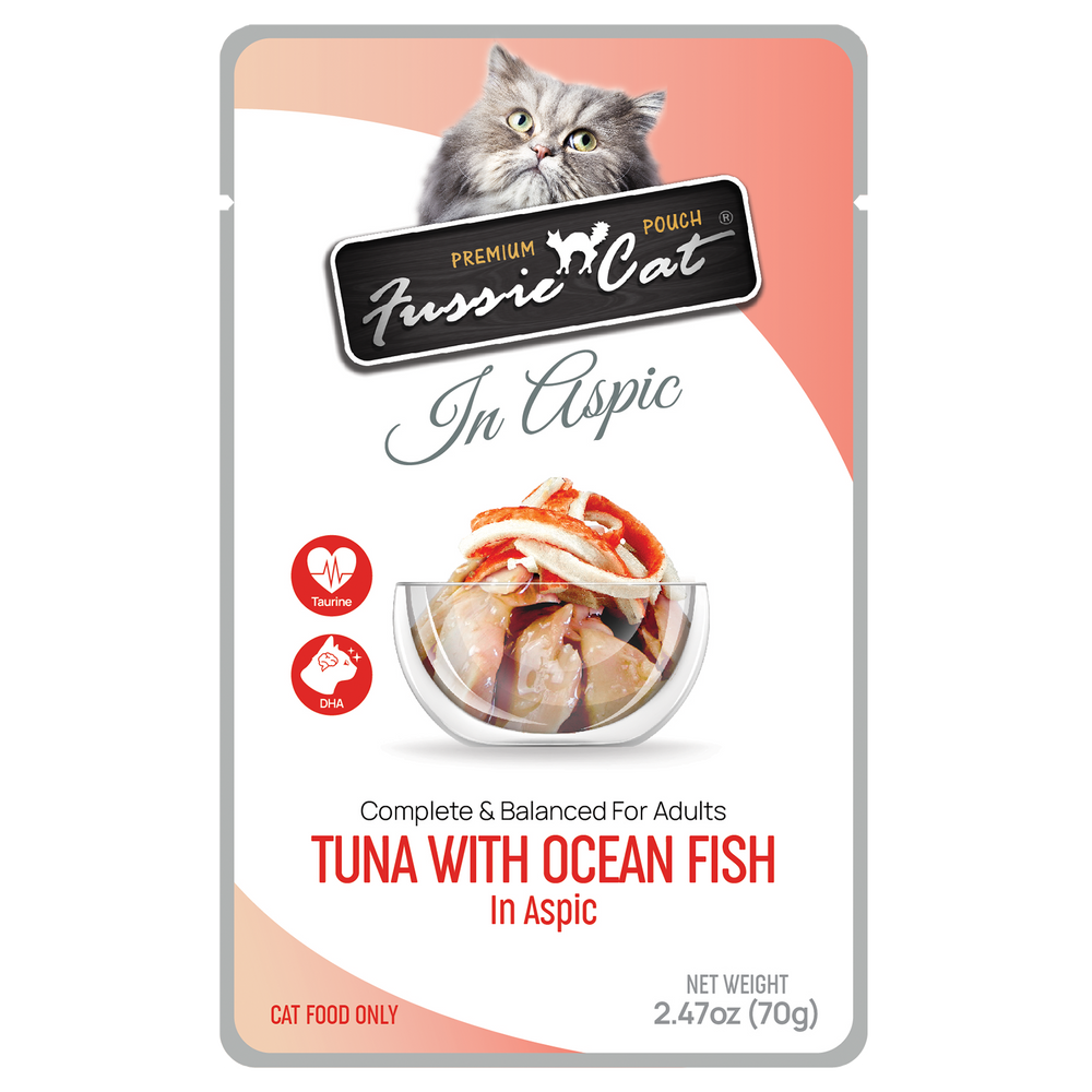 Front pouch of Fussie Cat Tuna with Ocean Fish in Aspic Cat Food Pouch 2.47oz