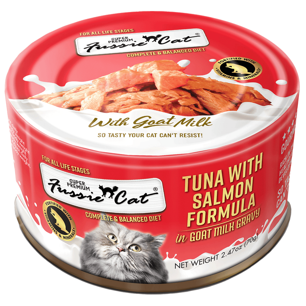 Front can of Fussie Cat Tuna with Salmon Formula in Goat Milk Gravy Cat Food 2.47oz