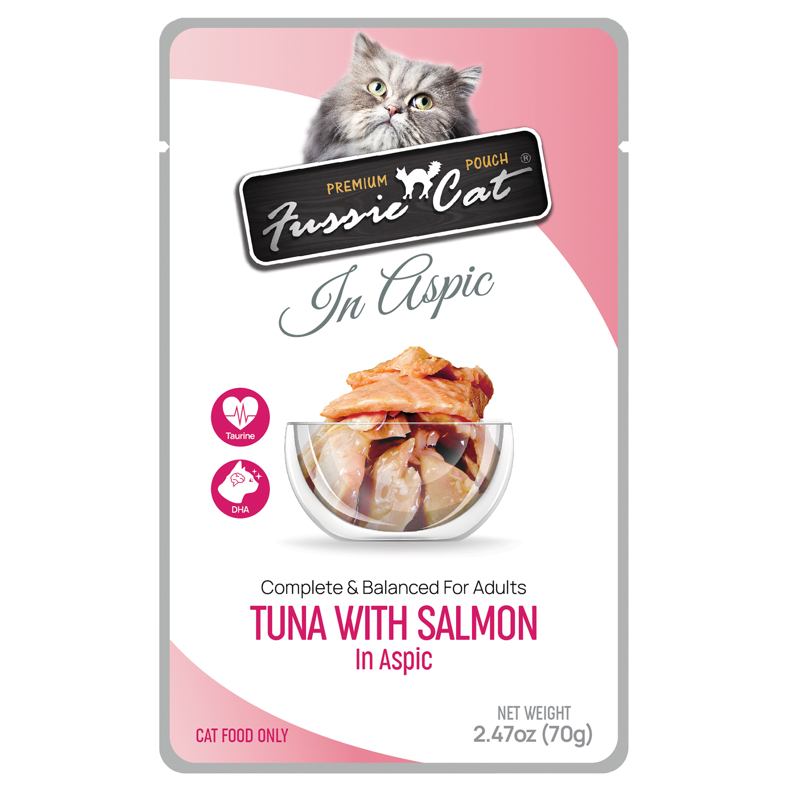 Front pouch of Fussie Cat Tuna with Salmon in Aspic Cat Food Pouch 2.47oz