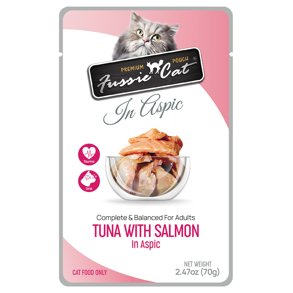 Front pouch of Fussie Cat Tuna with Salmon in Aspic Cat Food Pouch 2.47oz
