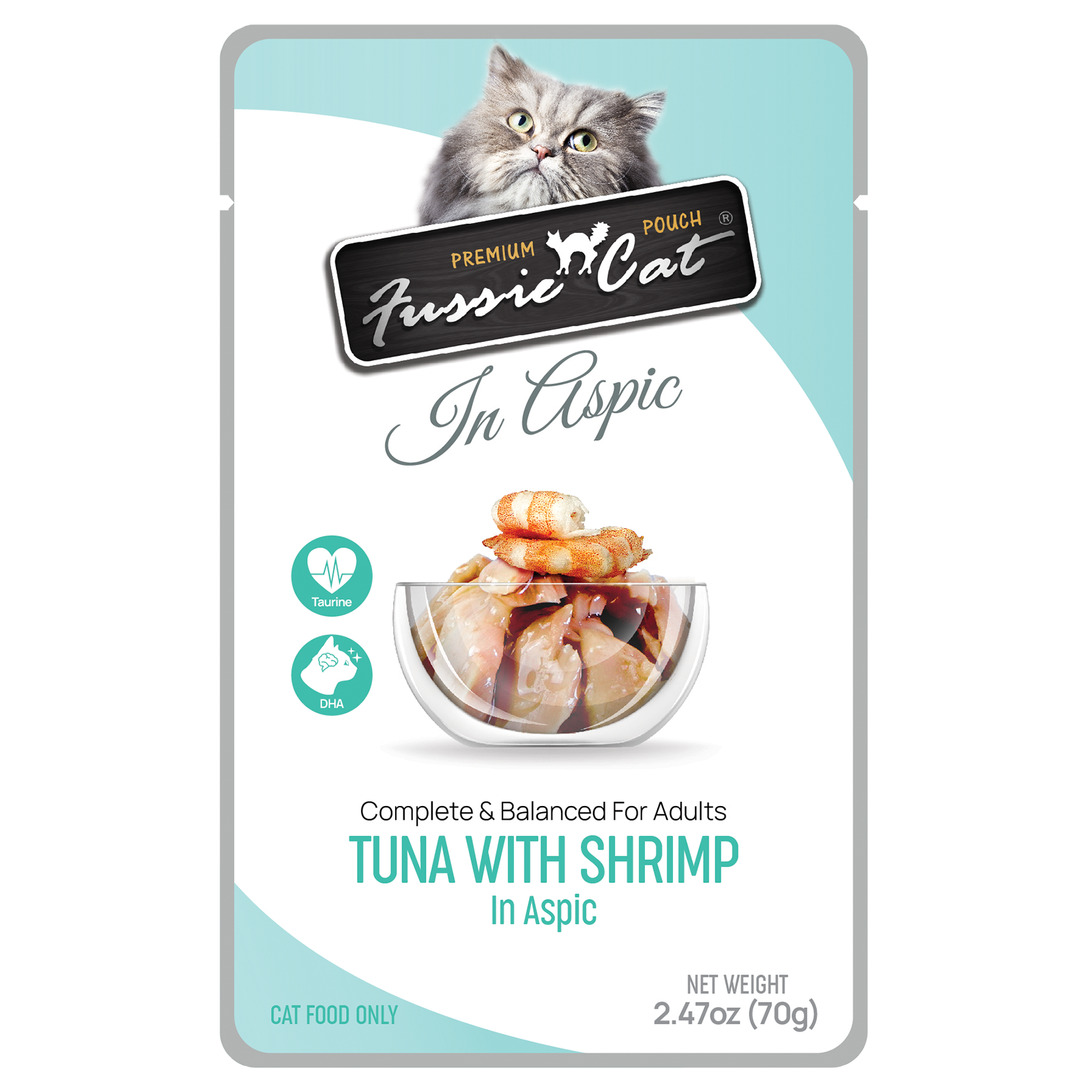Front pouch of Fussie Cat Tuna with Shrimp in Aspic Cat Food Pouch 2.47oz 