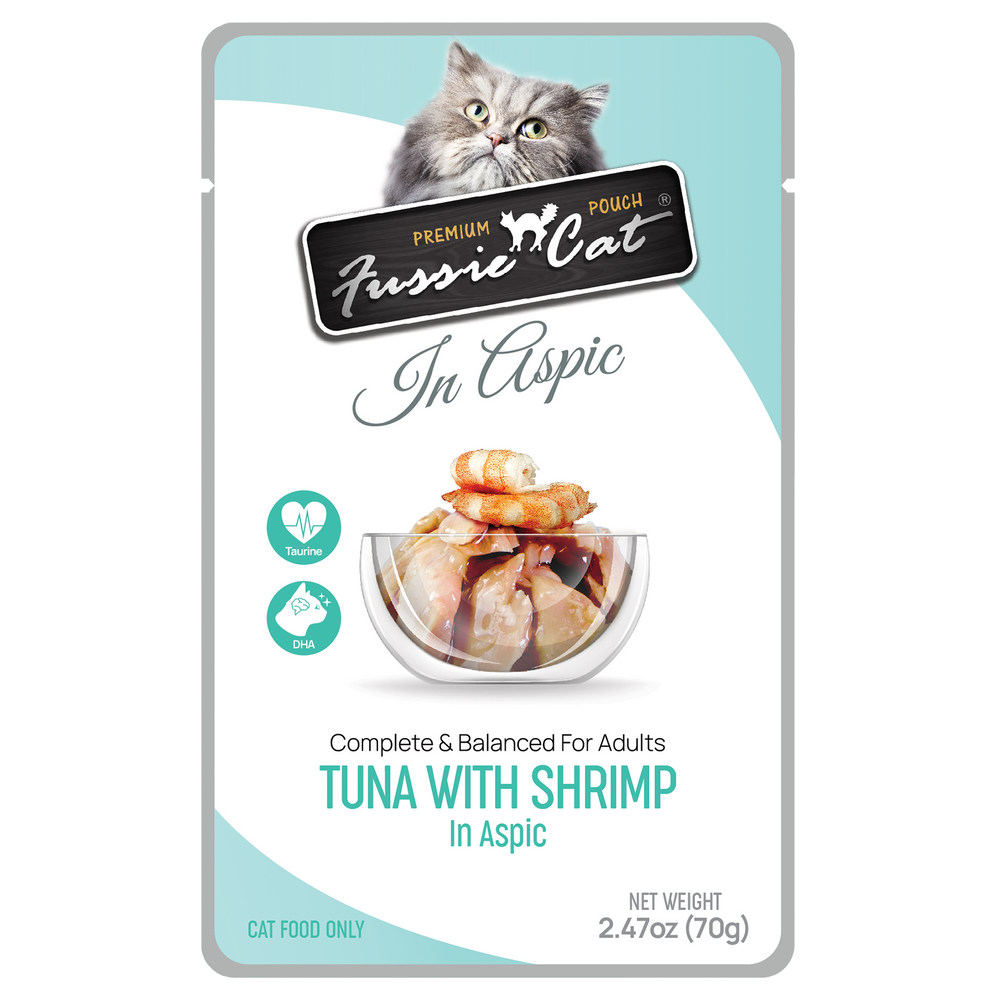 Front pouch of Fussie Cat Tuna with Shrimp in Aspic Cat Food Pouch 2.47oz 
