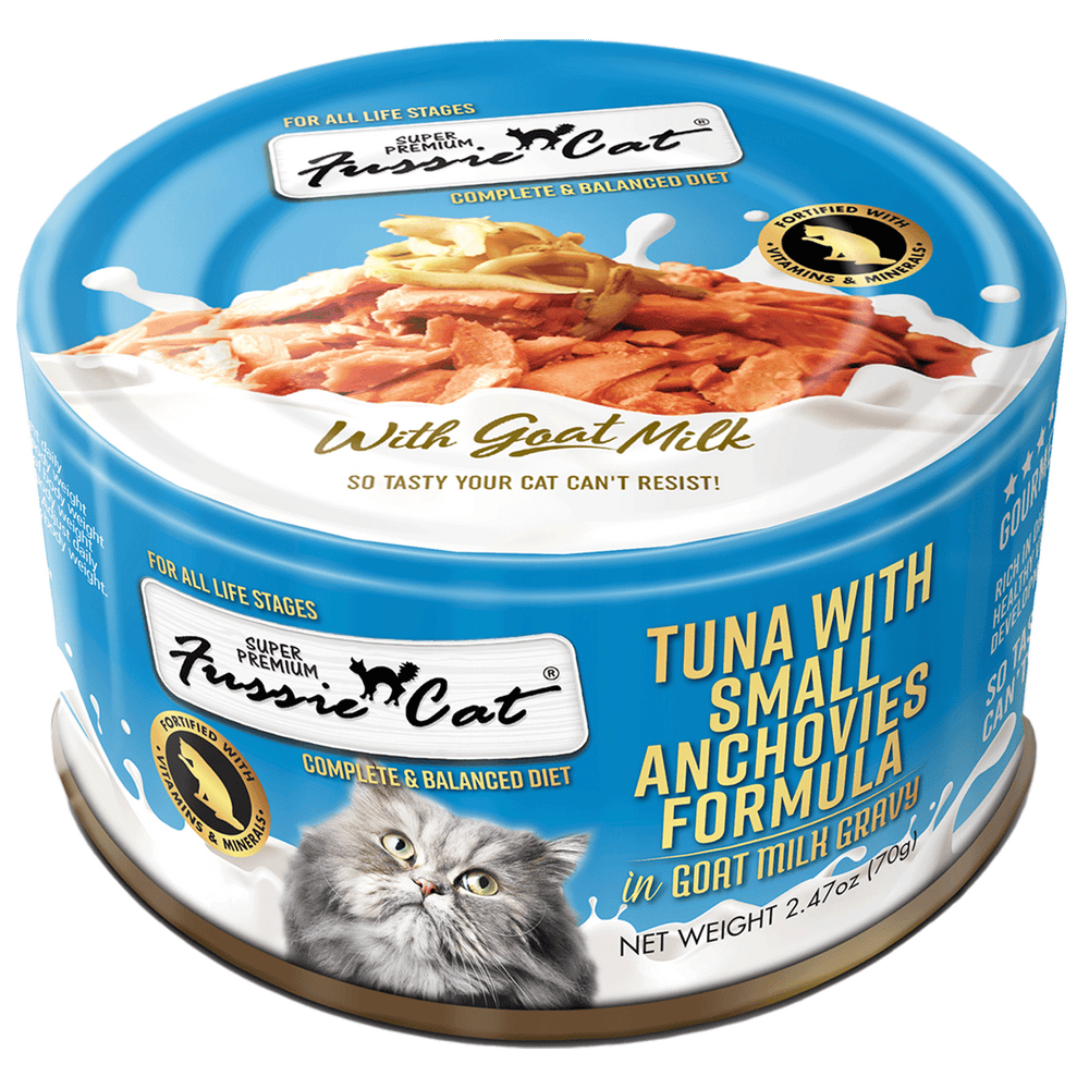 Front can of Fussie Cat Tuna with Small Anchovies Formula in Goat Milk Gravy Cat Food 2.47oz