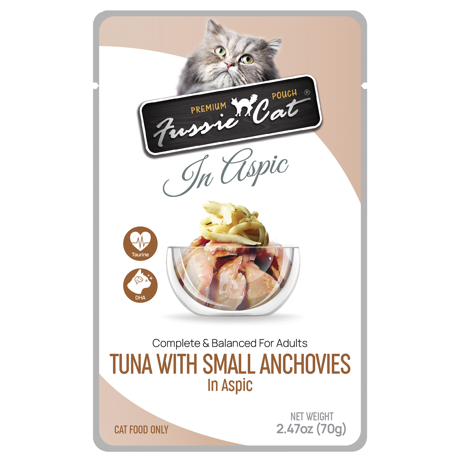 Front pouch of Fussie Cat Tuna with Small Anchovies in Aspic Cat Food Pouch 2.47oz 