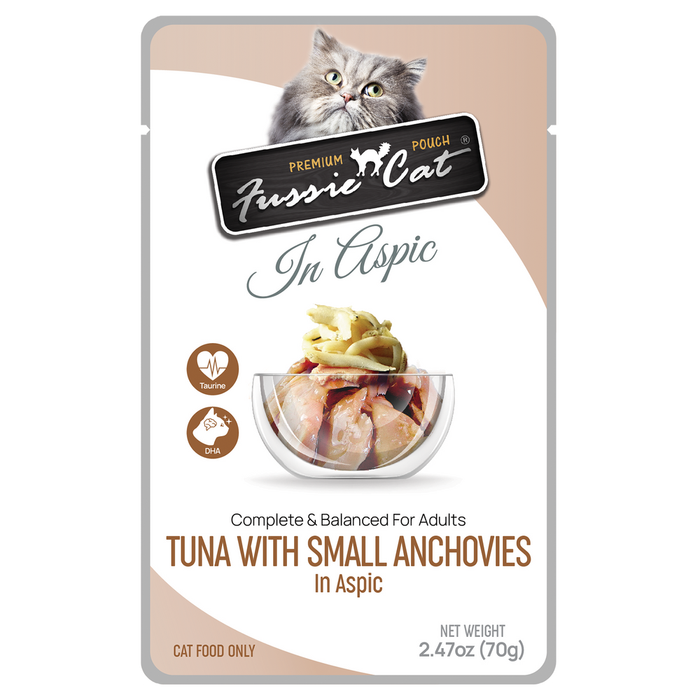 Front pouch of Fussie Cat Tuna with Small Anchovies in Aspic Cat Food Pouch 2.47oz 