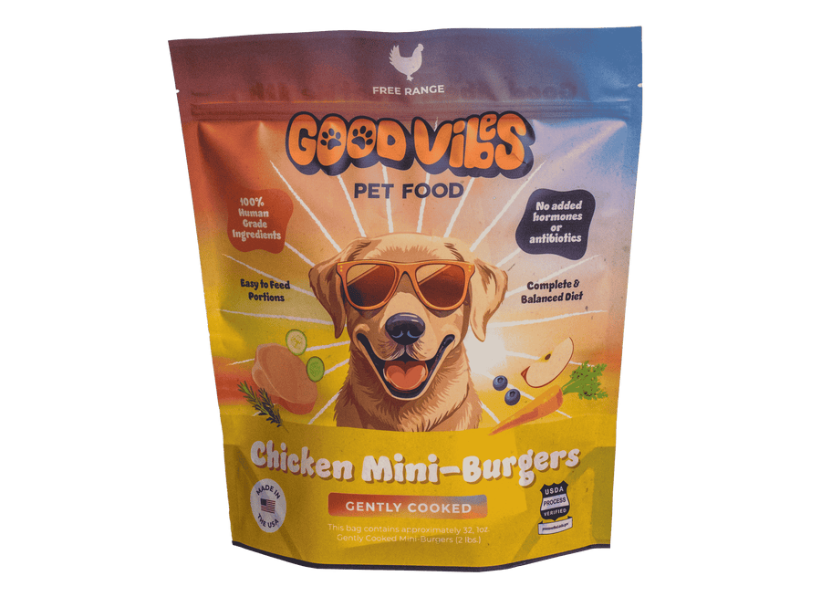 Good Vibes Gently Cooked Frozen Dog Food Chicken Mini-Burgers