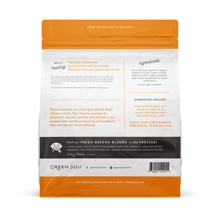 Green Juju Duck Orange Whole Food Bites  back of bag.