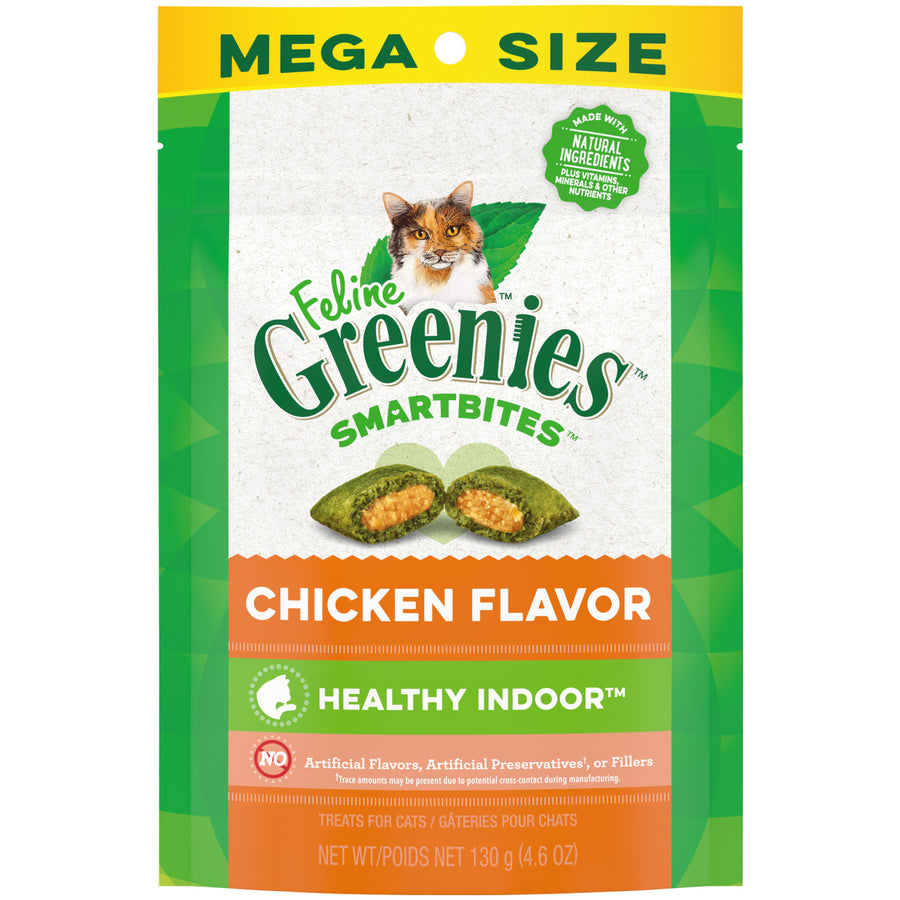 Greenies SmartBites Healthy Indoor Chicken Flavor Cat Treats 130g Mega Size Front Pouch