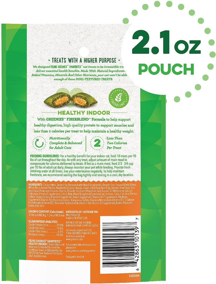 Greenies SmartBites Healthy Indoor Chicken Flavor Cat Treats 2.1 Pouch Back Packaging