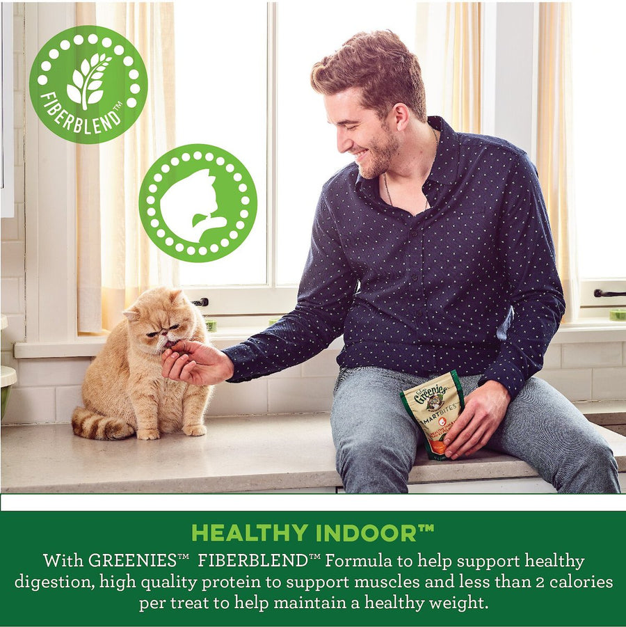 Greenies SmartBites Healthy Indoor Chicken Flavor Cat Treats help support healthy digestion, high quality protein and less than 2 calories per treat