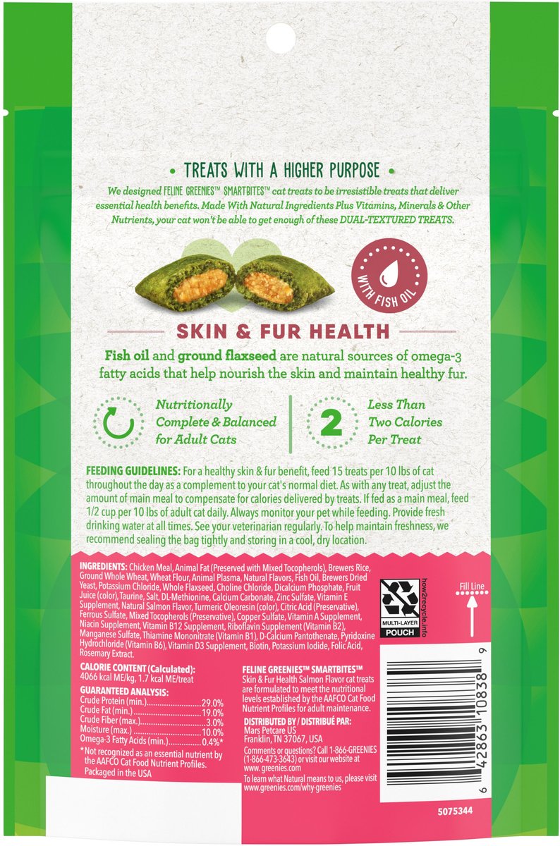 Greenies SmartBites Healthy Skin & Fur Natural Salmon Cat Treats 4.6oz Back Packaging