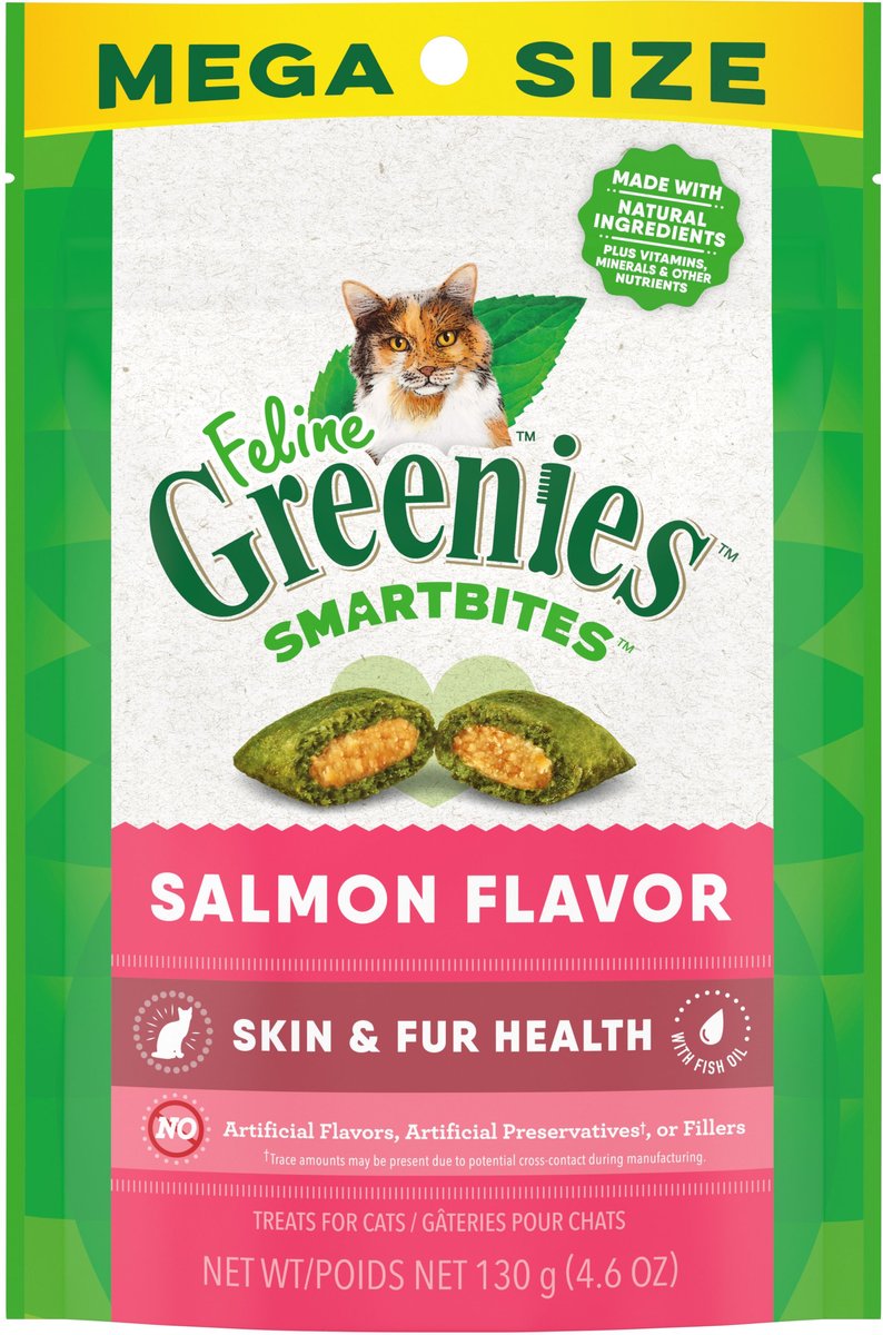 Greenies SmartBites Healthy Skin & Fur Natural Salmon Cat Treats 4.6oz, Front Packaging