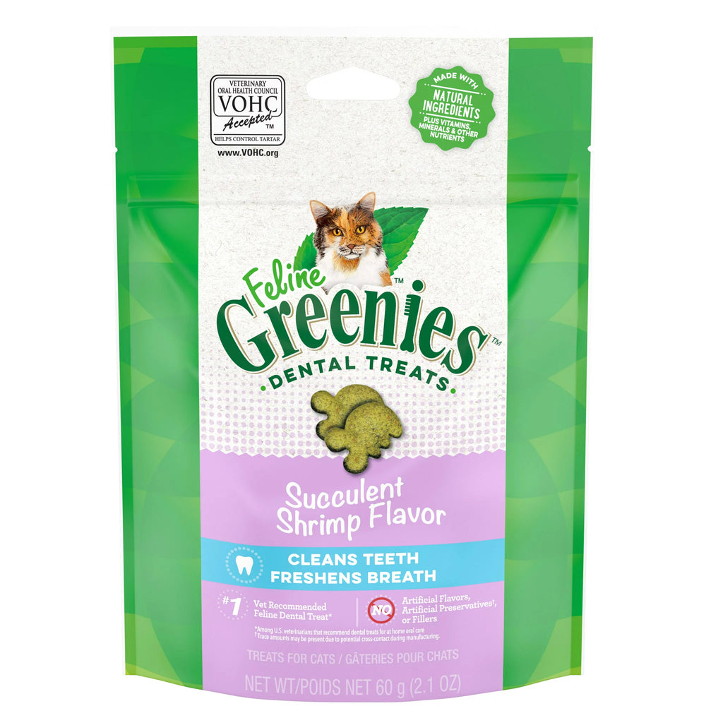Front pouch of Greenies Succulent Shrimp Dental Cat Treats 60g