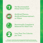Greenies Succulent Shrimp Dental Cat Treats, a graphic highlighting key features: Vet Recommended Feline Dental Treat, No Artificial Flavors or Fillers, Nutritionally Complete & Balanced, and Less Than Two Calories per Treat