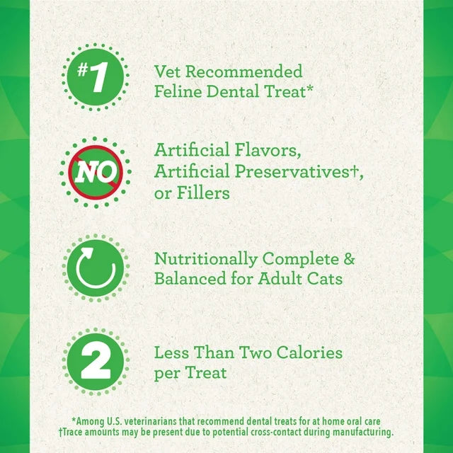Greenies Succulent Shrimp Dental Cat Treats, a graphic highlighting key features: Vet Recommended Feline Dental Treat, No Artificial Flavors or Fillers, Nutritionally Complete & Balanced, and Less Than Two Calories per Treat