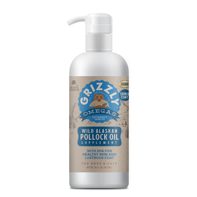 Front bottle of Grizzly Pollock Oil for Dogs 15floz