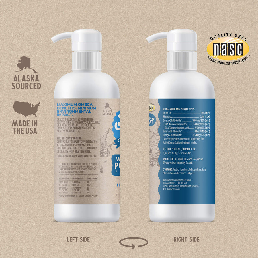 Left and Right Side Bottle of Grizzly Pollock Oil for Dogs