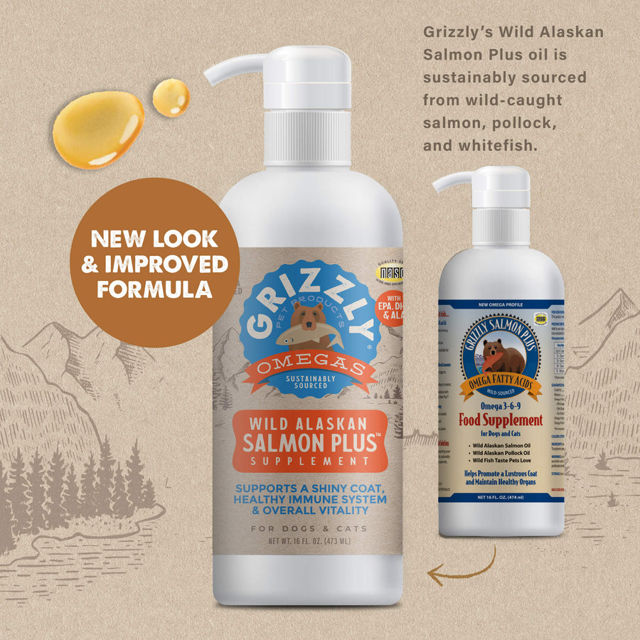 New Look and Improved formula for Grizzly Wild Alaskan Salmon Oil Plus Dog Food Supplement 16 floz