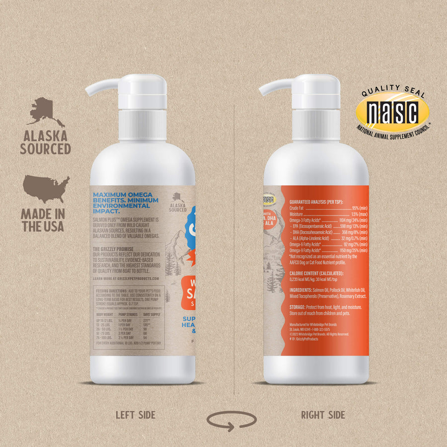 Left & Right Side bottle of Grizzly Wild Alaskan Salmon Oil Plus Dog Food Supplement
