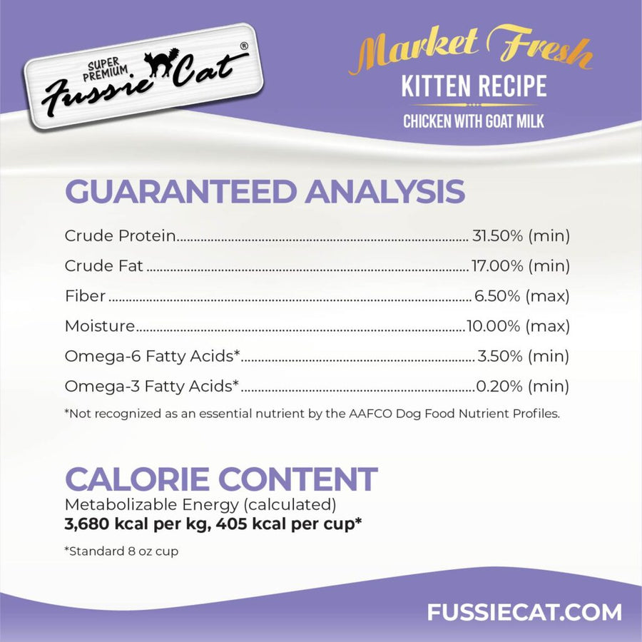 Guaranteed Analysis for Fussie Cat Market Fresh Grain Free Chicken with Goat Milk Dry Kitten Food. 