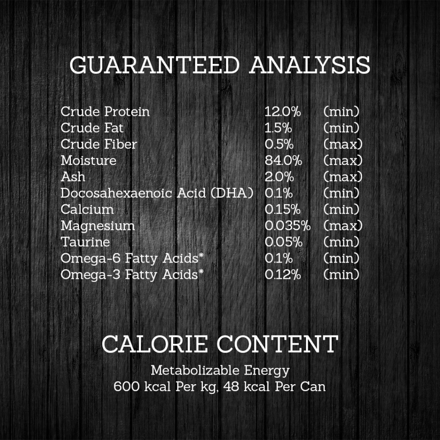 Guaranteed Analysis for Fussie Cat Premium Tuna with Mussels Formula in Aspic.