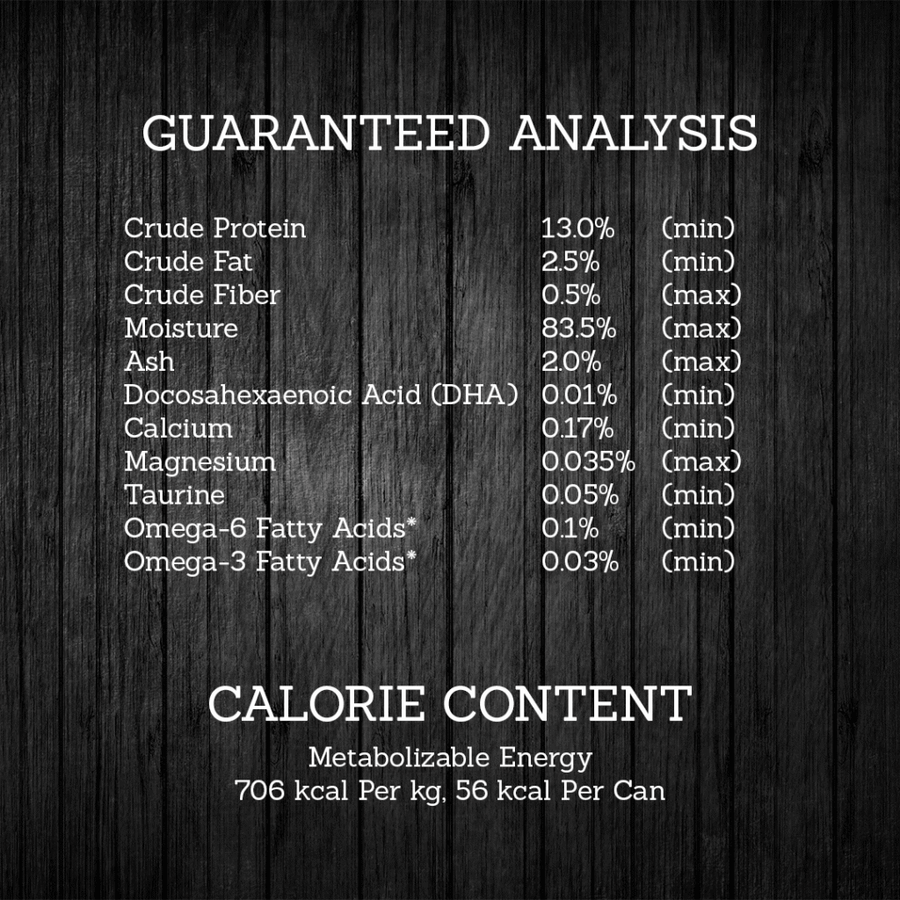 Guaranteed Analysis for Fussie Cat Super Premium Grain Free Chicken and Beef in Pumpkin Soup.