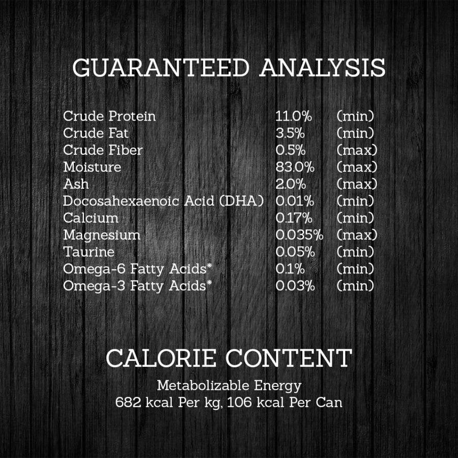 Guaranteed Analysis for Fussie Cat Super Premium Grain Free Chicken with Duck in Gravy.