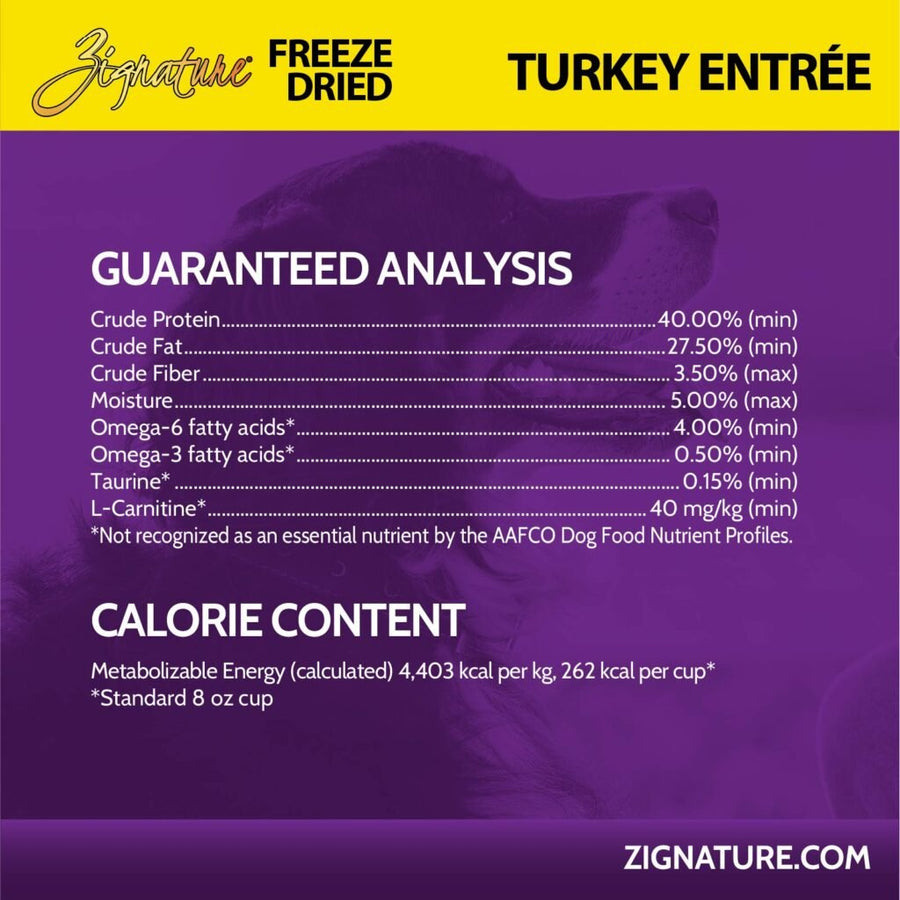 Guaranteed Analysis for Zignature Freeze Dried Turkey Entree Dog Food. 