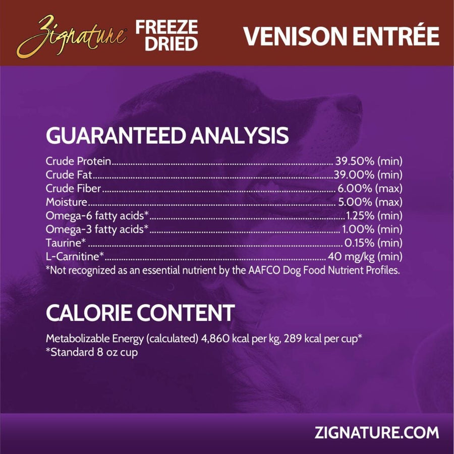 Guaranteed Analysis for Zignature Freeze Dried Venison Entree Dog Food. 