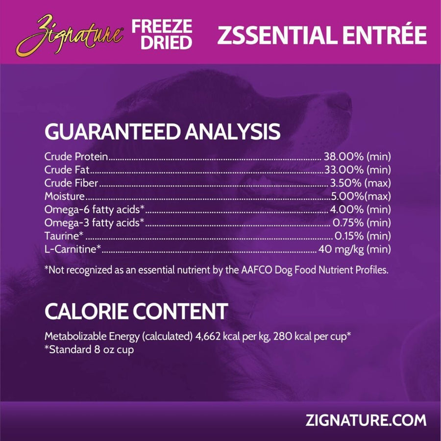 Guaranteed Analysis for Zignature Freeze Dried Zssential Entree Dog Food. 
